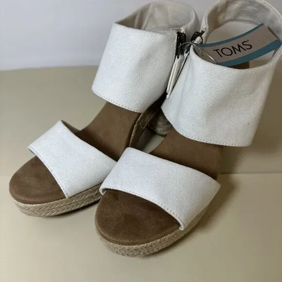 Toms Majorca Platform Espadrille Casual Block Heel Sandals White Canvas Sz 10 - Picture 2 of 12